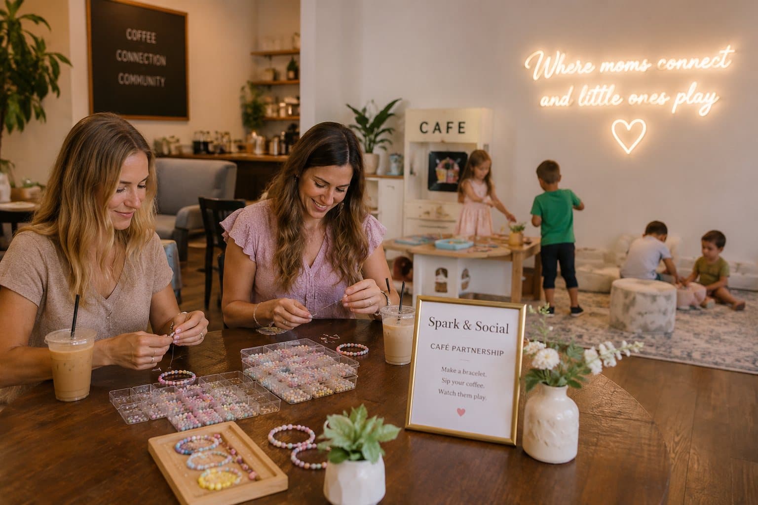Spark & Social café partnership — bracelet making while children play, Montclair New Jersey